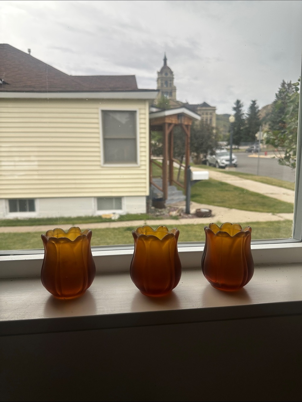 Vintage Faroy Amber Glass Tulip Votive Candle Holdets - Set of 3
